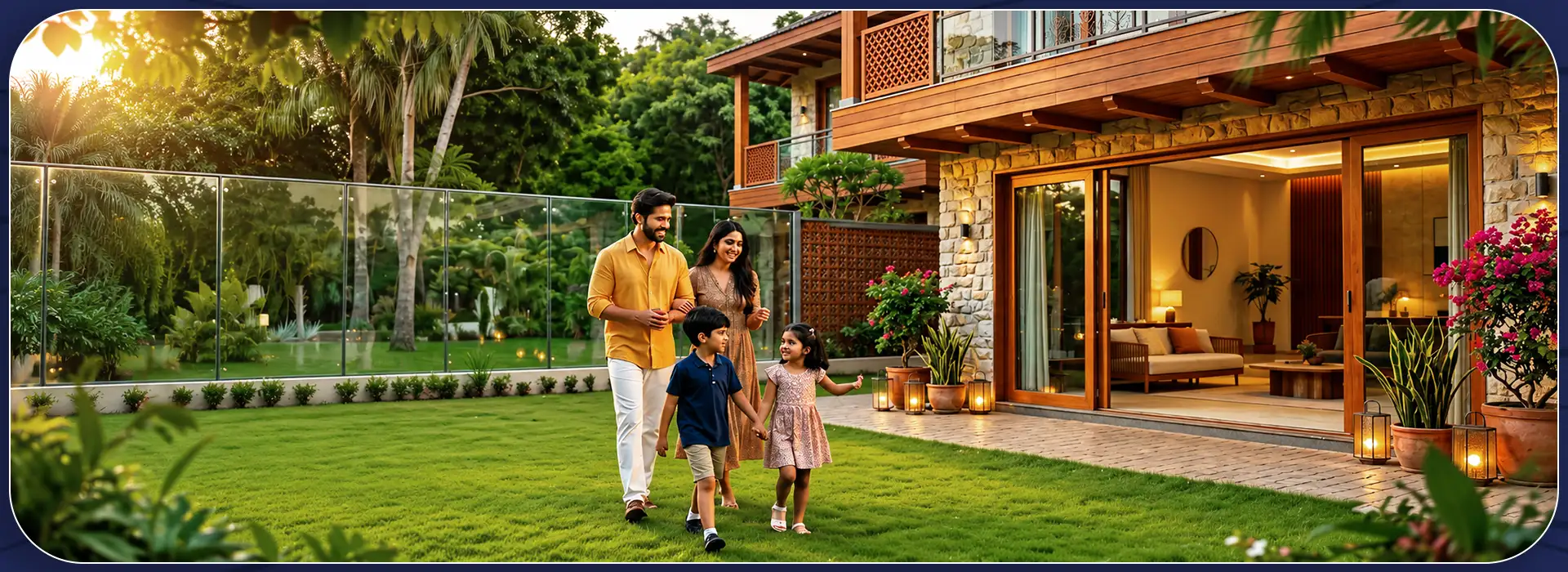 Family outside a villa at Peninsula Alibaug